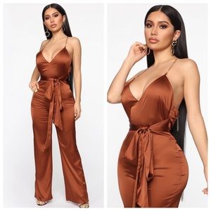 New With Tags FASHION NOVA Ruby Satin Jumpsuit Bronze Gold Open Back Medium